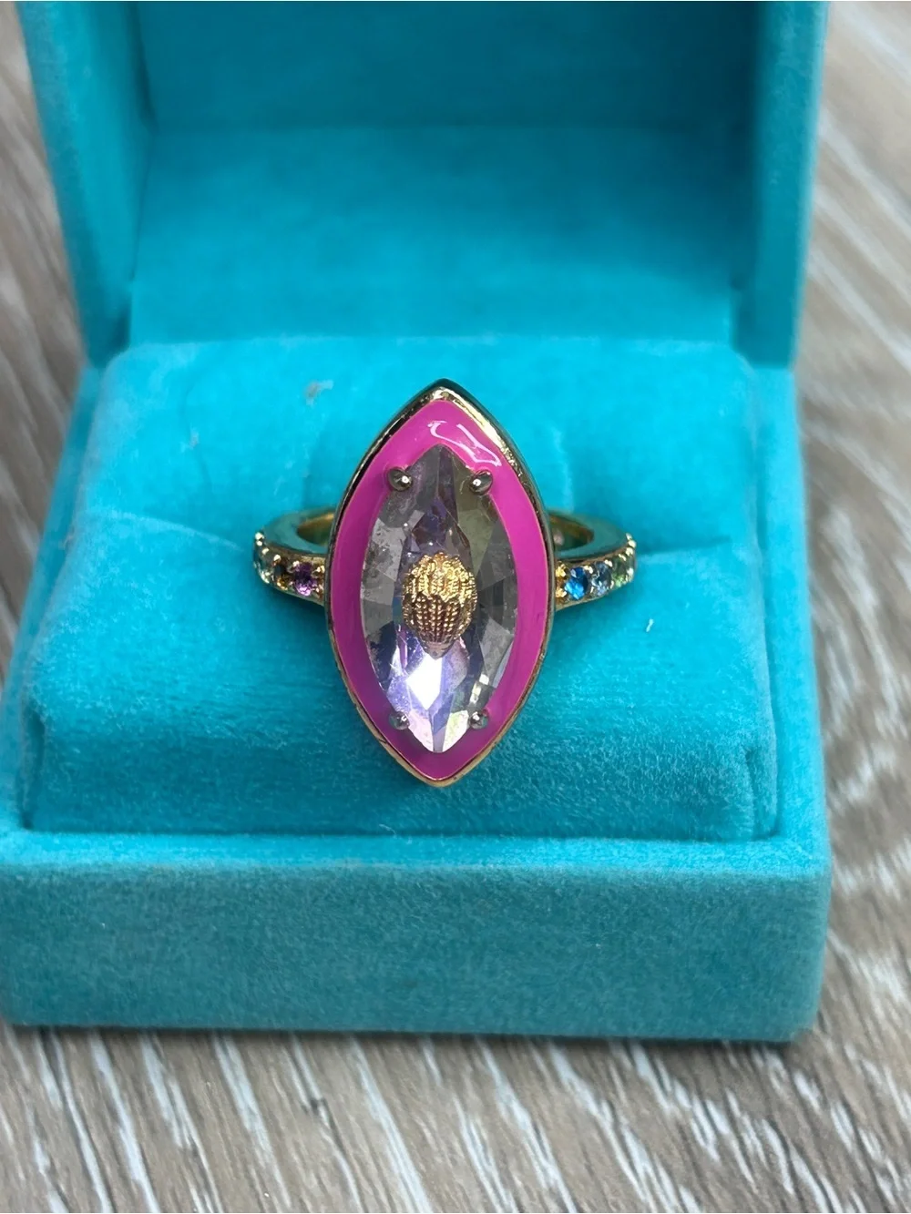 Kurt Geiger Gold-Tone w/Pink Enamel Clear Marquise Stone Statement Ring Size 8